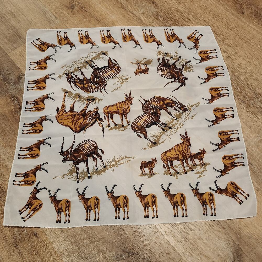 Ladies Scarf African Giant Eland White Brown Hand Stitch Hem 26 x 26 Polyester